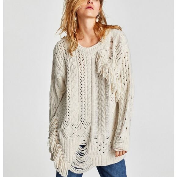 ZARA Knit Fringed Sweater Chunky Open Knit Oversized White Bloggers Fav - Picture 1 of 13